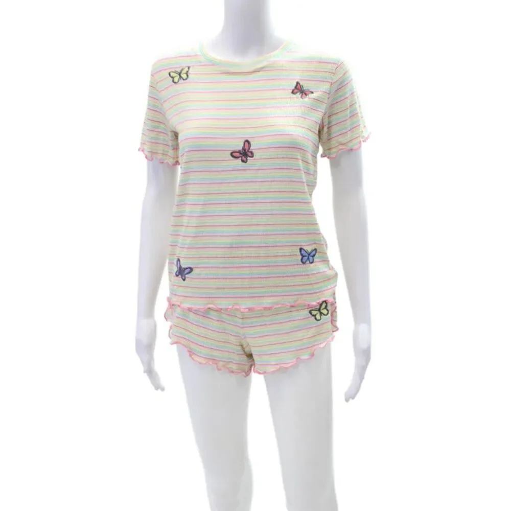 Emerson Road Womens Stripe Short Sleeve Round Neck Pajama Set Multicolor Size XS